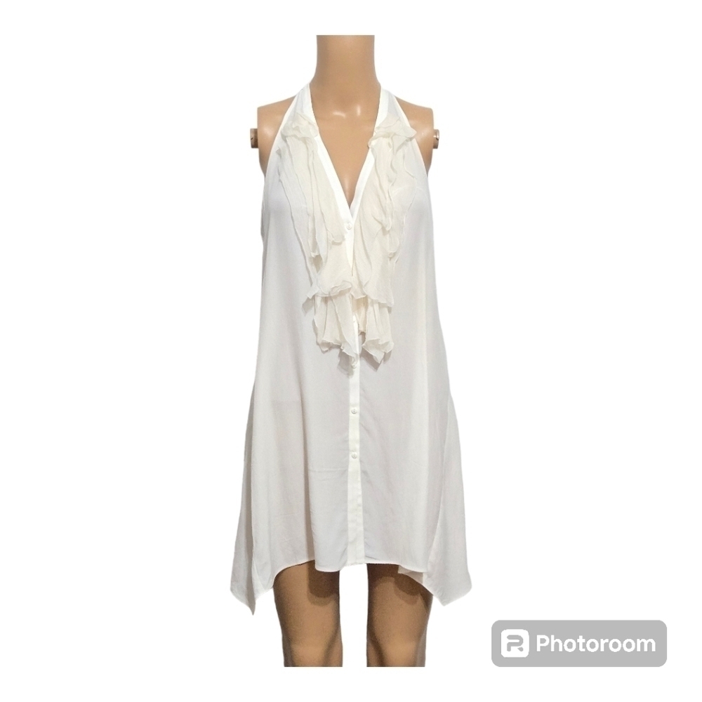 Vince Ivory Silk Blend Ruffled Button Down Tank Top